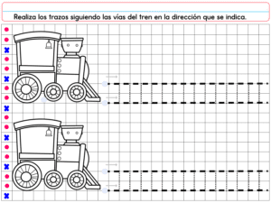 A PREESCOLAR 1 CUADERNILLO DE TRABAJO 2026 página para preescolar 1 muestra dos trenes delineados sobre vías, cada uno junto a una cuadrícula con líneas de trazado punteadas de izquierda a derecha. Las instrucciones en español aparecen en la parte superior.