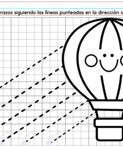 El PREESCOLAR 1 CUADERNILLO DE TRABAJO 2026 incluye una hoja de trabajo para calcar con un globo aerostático a la derecha, siete líneas diagonales de puntos que comienzan con puntos de colores y una 