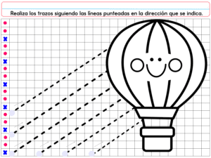 El PREESCOLAR 1 CUADERNILLO DE TRABAJO 2026 incluye una hoja de trabajo para calcar con un globo aerostático a la derecha, siete líneas diagonales de puntos que comienzan con puntos de colores y una "x" o marca de verificación, e instrucciones en español en la parte superior.