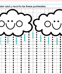 Dos nubes sonrientes hacen llover líneas de puntos sobre una cuadrícula con círculos y X rosas y azules. El PREESCOLAR 1 CUADERNILLO DE TRABAJO 2026 pide a los niños que tracen con azul y recorten por las líneas de puntos.