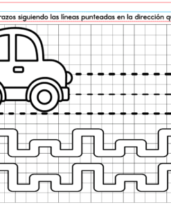 El cuadernillo PREESCOLAR 1 CUADERNILLO DE TRABAJO 2026 presenta un coche animado, tres líneas punteadas para trazar, instrucciones en español y símbolos rosas y azules decorando el lado. Perfecto para preescolar ciclo 2026.