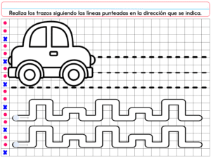 El cuadernillo PREESCOLAR 1 CUADERNILLO DE TRABAJO 2026 presenta un coche animado, tres líneas punteadas para trazar, instrucciones en español y símbolos rosas y azules decorando el lado. Perfecto para preescolar ciclo 2026.