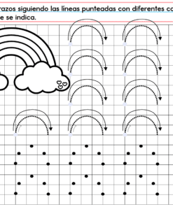 El PREESCOLAR 1 CUADERNILLO DE TRABAJO 2026 tiene un arco iris y nubes a la izquierda, líneas curvas discontinuas con flechas para trazar a la derecha e instrucciones en español en la parte superior.