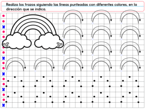 El PREESCOLAR 1 CUADERNILLO DE TRABAJO 2026 tiene un arco iris y nubes a la izquierda, líneas curvas discontinuas con flechas para trazar a la derecha e instrucciones en español en la parte superior.