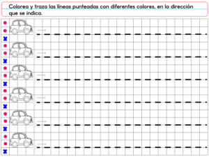 El PREESCOLAR 1 CUADERNILLO DE TRABAJO 2026 incluye una hoja de trabajo con cinco filas de coches y flechas que apuntan a la derecha. Traza a lo largo de las líneas de puntos desde los círculos de colores de cada fila, siguiendo las flechas, utilizando diferentes colores.