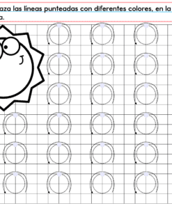 El cuadernillo PREESCOLAR 1 CUADERNILLO DE TRABAJO 2026 para preescolar tiene un sol caricaturesco en la esquina y columnas de círculos punteados. Incluye instrucciones en español para trazar líneas de colores según la dirección indicada.