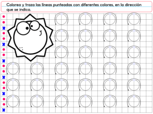 El cuadernillo PREESCOLAR 1 CUADERNILLO DE TRABAJO 2026 para preescolar tiene un sol caricaturesco en la esquina y columnas de círculos punteados. Incluye instrucciones en español para trazar líneas de colores según la dirección indicada.