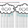 El CUADERNILLO DE TRABAJO PREESCOLAR 1 2026 presenta dos nubes sonrientes con líneas de lluvia punteadas para calcar y recortar, guiadas por rotuladores de colores e instrucciones en español, perfectas para el aprendizaje preescolar.