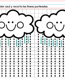 El CUADERNILLO DE TRABAJO PREESCOLAR 1 2026 presenta dos nubes sonrientes con líneas de lluvia punteadas para calcar y recortar, guiadas por rotuladores de colores e instrucciones en español, perfectas para el aprendizaje preescolar.