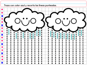 El CUADERNILLO DE TRABAJO PREESCOLAR 1 2026 presenta dos nubes sonrientes con líneas de lluvia punteadas para calcar y recortar, guiadas por rotuladores de colores e instrucciones en español, perfectas para el aprendizaje preescolar.