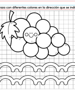 Un dibujo en blanco y negro de uvas con una cara sonriente aparece sobre dos líneas de calco onduladas. Ideal para PREESCOLAR 1 CUADERNILLO DE TRABAJO 2026, guía de instrucciones en español para calcar y colorear sobre fondo cuadriculado.