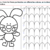 Un conejo de dibujos animados aparece a la izquierda junto a una cuadrícula con líneas curvas discontinuas. El PREESCOLAR 1 CUADERNILLO DE TRABAJO 2026 incluye instrucciones en español para trazar líneas en varios colores, siguiendo las indicaciones mostradas.