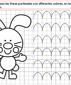 Un conejo de dibujos animados aparece a la izquierda junto a una cuadrícula con líneas curvas discontinuas. El PREESCOLAR 1 CUADERNILLO DE TRABAJO 2026 incluye instrucciones en español para trazar líneas en varios colores, siguiendo las indicaciones mostradas.