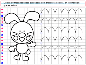 Un conejo de dibujos animados aparece a la izquierda junto a una cuadrícula con líneas curvas discontinuas. El PREESCOLAR 1 CUADERNILLO DE TRABAJO 2026 incluye instrucciones en español para trazar líneas en varios colores, siguiendo las indicaciones mostradas.
