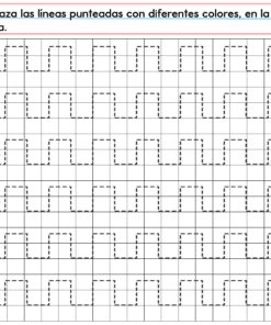 PREESCOLAR 1 CUADERNILLO DE TRABAJO 2026: Hoja colorida con robot a la izquierda y seis filas de líneas punteadas en zigzag desde puntos de colores. Instrucción: 