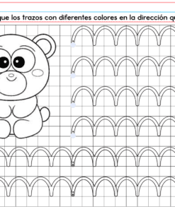 El PREESCOLAR 1 CUADERNILLO DE TRABAJO 2026 incluye un oso para colorear, filas de líneas curvas para trazar e instrucciones en español para ayudar a los niños a completar cada actividad.