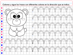 El PREESCOLAR 1 CUADERNILLO DE TRABAJO 2026 incluye un oso para colorear, filas de líneas curvas para trazar e instrucciones en español para ayudar a los niños a completar cada actividad.