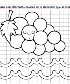 PREESCOLAR 1 CUADERNILLO DE TRABAJO 2026: cuadernillo para preescolar en español con uvas sonrientes, líneas onduladas para trazar, flechas de dirección y X azules y rosas. Perfecto para actividades escolares en 2026.