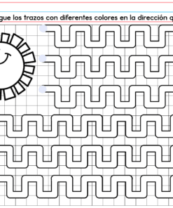 Hoja de ejercicios de trazado de PREESCOLAR 1 CUADERNILLO DE TRABAJO 2026 en español, con un sol sonriente a la izquierda y siete líneas horizontales en zigzag para trazar, cada una de las cuales empieza con un círculo rosa y termina con un óvalo azul.