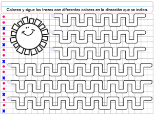 Hoja de ejercicios de trazado de PREESCOLAR 1 CUADERNILLO DE TRABAJO 2026 en español, con un sol sonriente a la izquierda y siete líneas horizontales en zigzag para trazar, cada una de las cuales empieza con un círculo rosa y termina con un óvalo azul.