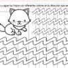 Hoja de trabajo para PREESCOLAR 1 CUADERNILLO DE TRABAJO 2026: un adorable zorro sobre una cuadrícula y seis filas con líneas zigzag para trazar desde puntos de colores. Instructions in English invite to use different colors.