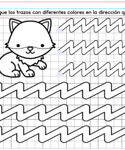 Hoja de trabajo para PREESCOLAR 1 CUADERNILLO DE TRABAJO 2026: un adorable zorro sobre una cuadrícula y seis filas con líneas zigzag para trazar desde puntos de colores. Instructions in English invite to use different colors.