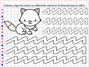Hoja de trabajo para PREESCOLAR 1 CUADERNILLO DE TRABAJO 2026: un adorable zorro sobre una cuadrícula y seis filas con líneas zigzag para trazar desde puntos de colores. Instructions in English invite to use different colors.