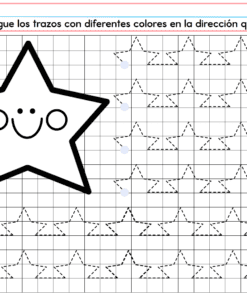 La hoja de trabajo para calcar PREESCOLAR 1 CUADERNILLO DE TRABAJO 2026 presenta una gran estrella sonriente, filas de contornos de estrellas punteadas para calcar, puntos de colores para orientarse por los colores e instrucciones en español en la parte superior.