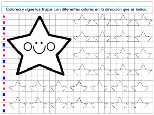 La hoja de trabajo para calcar PREESCOLAR 1 CUADERNILLO DE TRABAJO 2026 presenta una gran estrella sonriente, filas de contornos de estrellas punteadas para calcar, puntos de colores para orientarse por los colores e instrucciones en español en la parte superior.