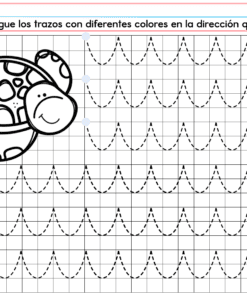 El CUADERNILLO DE TRABAJO PREESCOLAR 1 2026 presenta una tortuga sonriente, líneas de trazado con patrones ondulados, instrucciones en español a todo color y puntos rosas en el lado izquierdo más X azules para orientarse.