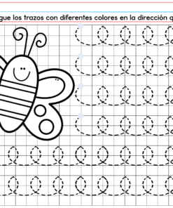 Esta hoja de ejercicios para calcar PREESCOLAR 1 CUADERNILLO DE TRABAJO 2026 presenta una abeja de dibujos animados a la izquierda, cinco filas de bucles discontinuos para calcar con puntos de inicio de colores e instrucciones, además de instrucciones en español en la parte superior de la página.