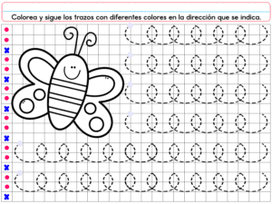 Esta hoja de ejercicios para calcar PREESCOLAR 1 CUADERNILLO DE TRABAJO 2026 presenta una abeja de dibujos animados a la izquierda, cinco filas de bucles discontinuos para calcar con puntos de inicio de colores e instrucciones, además de instrucciones en español en la parte superior de la página.