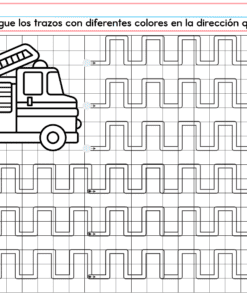 Ideal para preescolar, la hoja del PREESCOLAR 1 CUADERNILLO DE TRABAJO 2026 presenta un camión de bomberos a la izquierda y cinco líneas en zigzag para trazar, cada una inicia con un punto rosa y termina en una flecha azul; instrucciones en español.