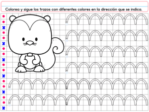 El PREESCOLAR 1 CUADERNILLO DE TRABAJO 2026 presenta una hoja de trabajo con una ardilla de dibujos animados a la izquierda y arcos para trazar a la derecha. Instrucciones en español: colorea y traza las líneas según la dirección indicada.