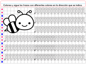 El PREESCOLAR 1 CUADERNILLO DE TRABAJO 2026 es un simpático cuaderno de trabajo con temática de abejas y seis filas de lazos para trazar utilizando puntos de colores y una "X" como guía. Incluye instrucciones en español, ¡ideal para practicar preescolar en 2026!.