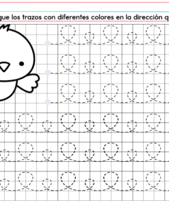 Una hoja de ejercicios de calco en español de PREESCOLAR 1 CUADERNILLO DE TRABAJO 2026 presenta una ilustración de un pájaro y filas de círculos punteados con flechas para guiar el calco. Cada fila comienza con puntos y X de colores para facilitar la identificación.