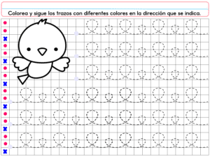 Una hoja de ejercicios de calco en español de PREESCOLAR 1 CUADERNILLO DE TRABAJO 2026 presenta una ilustración de un pájaro y filas de círculos punteados con flechas para guiar el calco. Cada fila comienza con puntos y X de colores para facilitar la identificación.