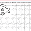 PREESCOLAR 1 CUADERNILLO DE TRABAJO 2026: Hoja con pez de caricatura a la izquierda y cinco filas de bucles punteados para trazar desde un punto o X de color. Instructions in English: 