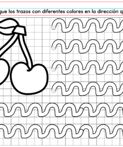 Ficha de PREESCOLAR 1 CUADERNILLO DE TRABAJO 2026 para preescolar, con dos cerezas y líneas de trazo onduladas. Las instrucciones en español piden colorear y trazar las líneas en diferentes colores según se indica.