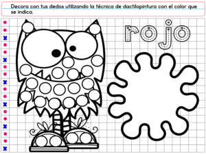 Esta hoja de ejercicios para colorear de PREESCOLAR 1 CUADERNILLO DE TRABAJO 2026 presenta un búho de dibujos animados con círculos en blanco, una gran salpicadura de pintura y "rojo" en letras punteadas. Las instrucciones en español invitan a los niños a pintar el búho de rojo con los dedos.