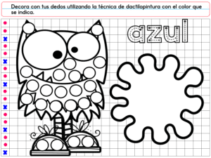 La hoja de trabajo para colorear PREESCOLAR 1 CUADERNILLO DE TRABAJO 2026 presenta un búho de dibujos animados con círculos para pintar con los dedos, la palabra "azul" en letras de burbuja, salpicaduras de pintura azul e instrucciones en español para pintar con azul.