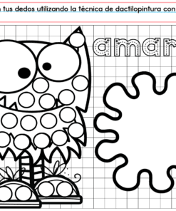 Búho blanco y negro y salpicaduras de pintura con círculos en blanco para pintar con los dedos. 