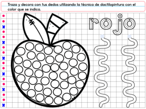 Ideal para preescolar, PREESCOLAR 1 CUADERNILLO DE TRABAJO 2026 incluye una hoja con una manzana, círculos para pintar con los dedos, líneas onduladas y la palabra "rojo". Instructions in English suggest decorating using red.