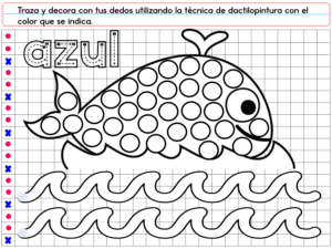 PREESCOLAR 1 CUADERNILLO DE TRABAJO 2026: Hoja de trabajo en blanco y negro con una ballena sobre el agua y círculos para pintar con los dedos. "Azul" arriba a la izquierda, instrucciones en español arriba y puntos azules en el margen izquierdo. Ideal para preescolares.