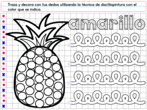 Una hoja de trabajo de piña en blanco y negro de PREESCOLAR 1 CUADERNILLO DE TRABAJO 2026 presenta la palabra "amarillo" y bucles de trazado. Las instrucciones en español sugieren trazar y decorar con pintura de dedos amarilla, perfecta para preescolares.