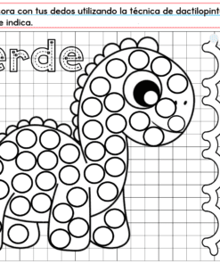 El PREESCOLAR 1 CUADERNILLO DE TRABAJO 2026 incluye una hoja de trabajo para colorear de dinosaurios con líneas onduladas y círculos para pintar. Las instrucciones en español sugieren decorar con huellas dactilares verdes, y 