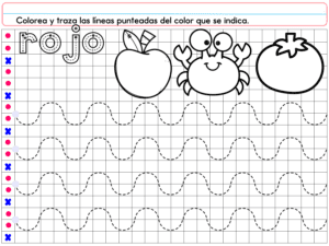 El PREESCOLAR 1 CUADERNILLO DE TRABAJO 2026 presenta la palabra "rojo" con imágenes delineadas de manzana, cangrejo y tomate, incluye líneas onduladas para trazar y código de colores. Perfecto para el ciclo escolar 2026.