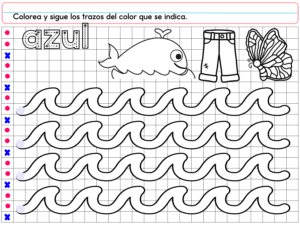 PREESCOLAR 1 CUADERNILLO DE TRABAJO 2026 incluye la palabra "azul", imágenes de ballena, pantalón y mariposa, y cinco líneas onduladas. Las instrucciones en español piden colorear y trazar en azul sobre fondo cuadriculado.