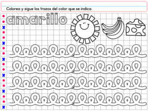 PREESCOLAR 1 CUADERNILLO DE TRABAJO 2026: hoja para colorear "amarillo" con sol, plátanos y queso; incluye líneas de caligrafía en fondo cuadriculado e instrucciones en español.