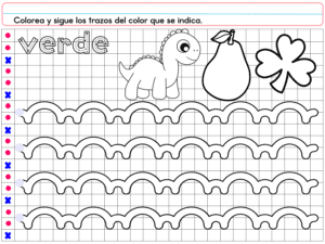 PREESCOLAR 1 CUADERNILLO DE TRABAJO 2026: Instrucciones en español para colorear y trazar con verde. Incluye palabra "verde", dinosaurio, pera, trébol y líneas onduladas. Con puntos rosas y X azules a la izquierda.